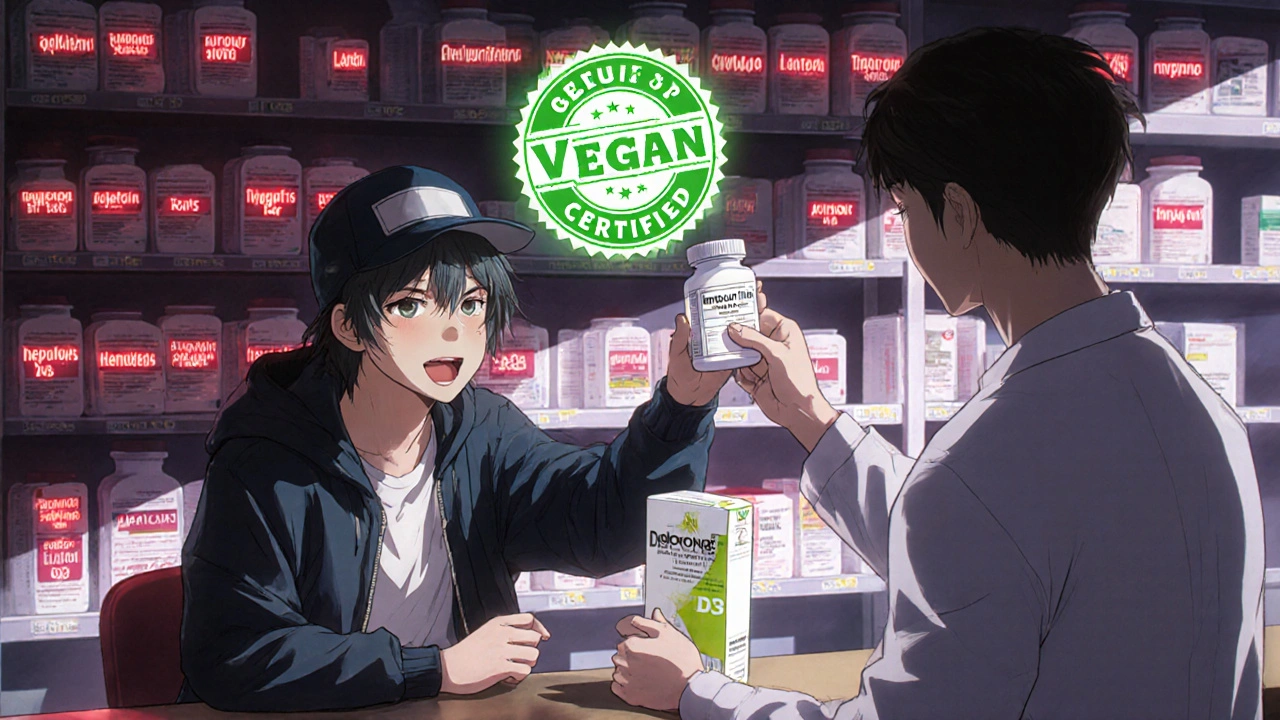 A vegan patient and pharmacist debating at a pharmacy counter, with hidden animal ingredients glowing on pills.