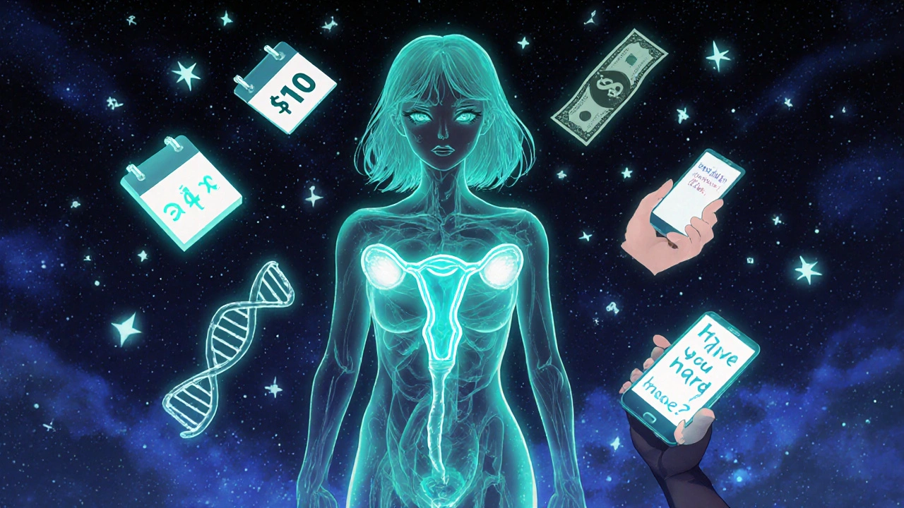 Abstract human form with teal-lit ovaries and symbols of awareness floating around.