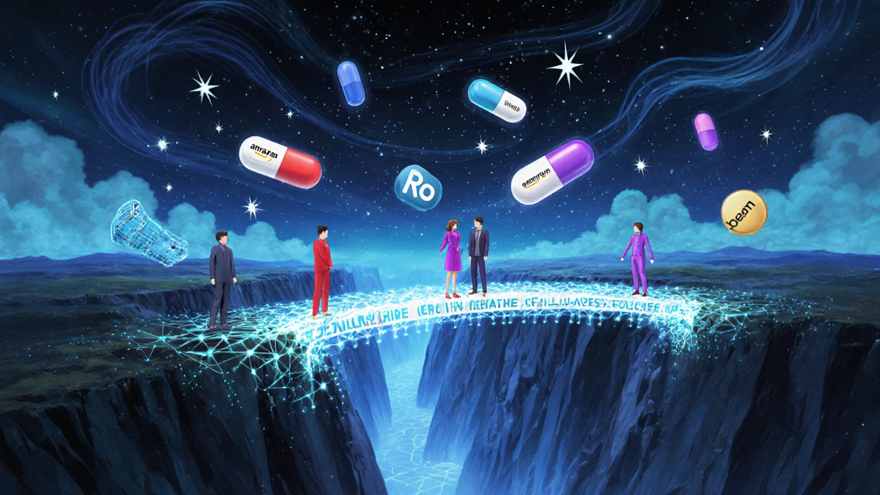 Digital bridge of pills connecting healthcare costs to affordable platforms.