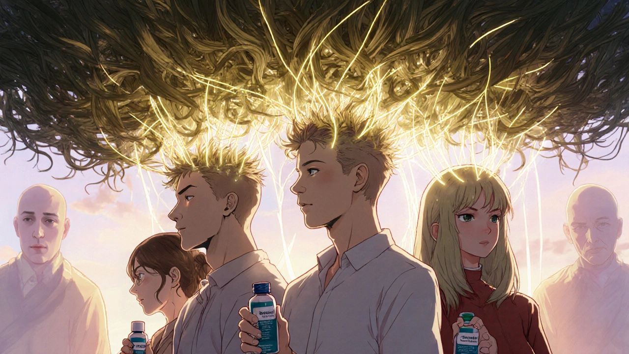 Diverse group under a canopy of healthy hair strands, symbolizing successful long-term hair loss treatment.