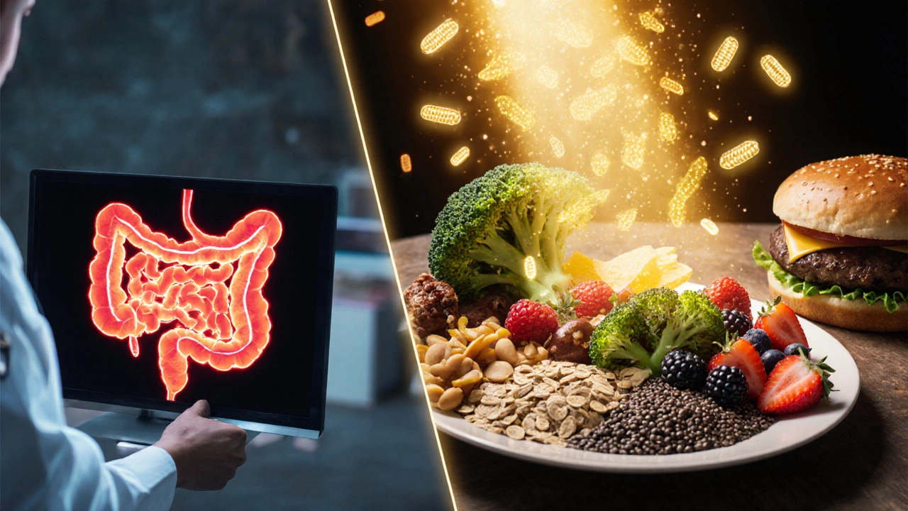 Doctor showing a CT scan of inflamed colon beside a vibrant plate of high-fiber whole foods and glowing gut bacteria.