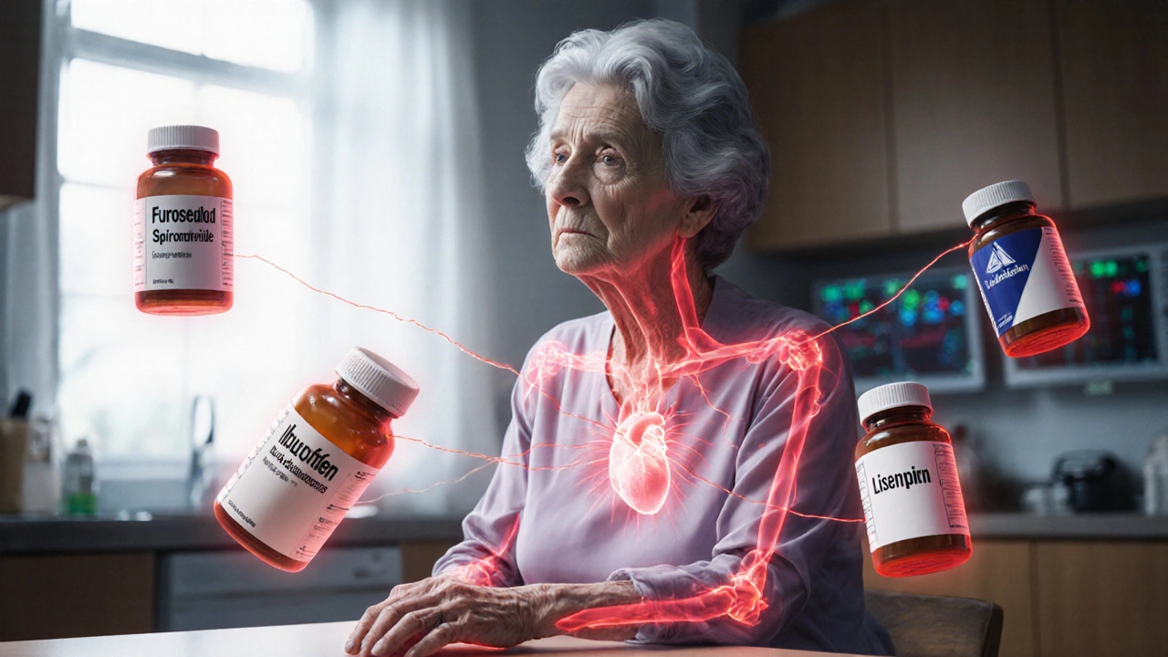 Elderly woman surrounded by floating prescription bottles with danger lines connecting them, translucent body showing low sodium and racing heart.