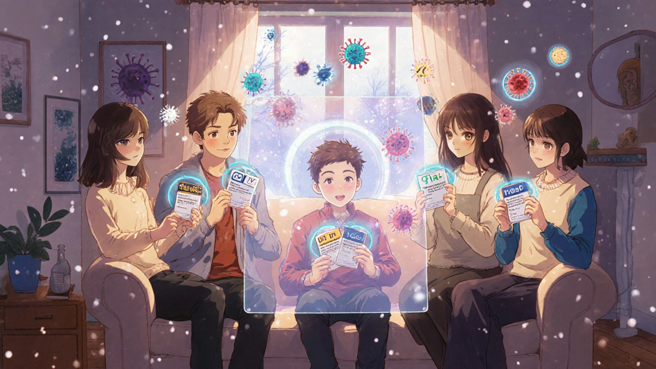 Family members radiating protective energy toward an immunocompromised person in a cozy living room.