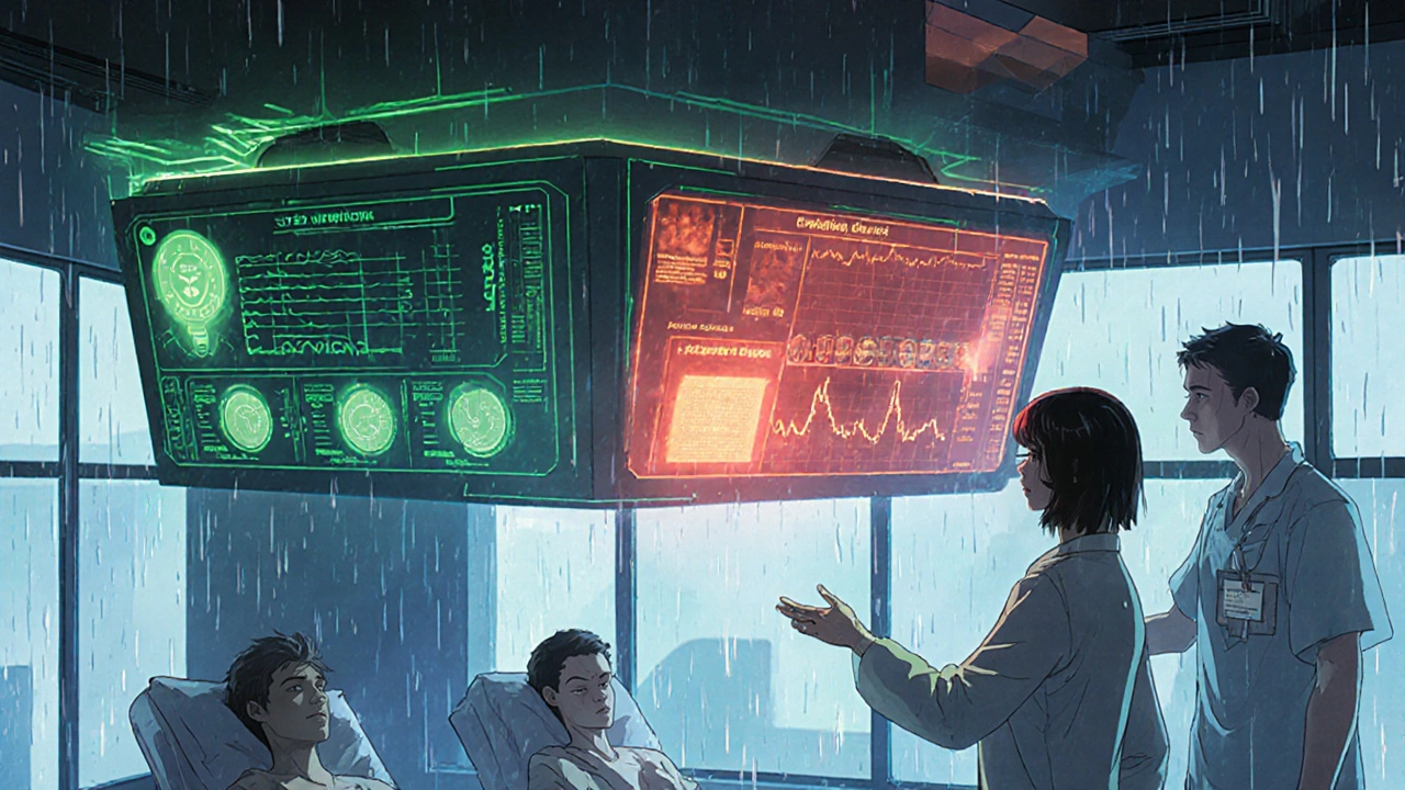 Futuristic AI system alerting a pharmacist about dangerous drug interactions in a hospital ward, glowing holographic data streams.