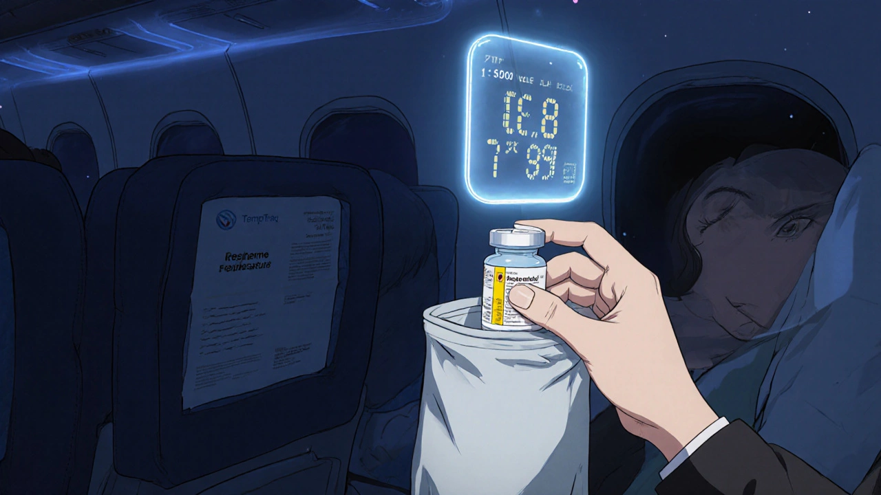 Hand placing a temperature sensor on a pill bottle inside a thermal bag during a flight.