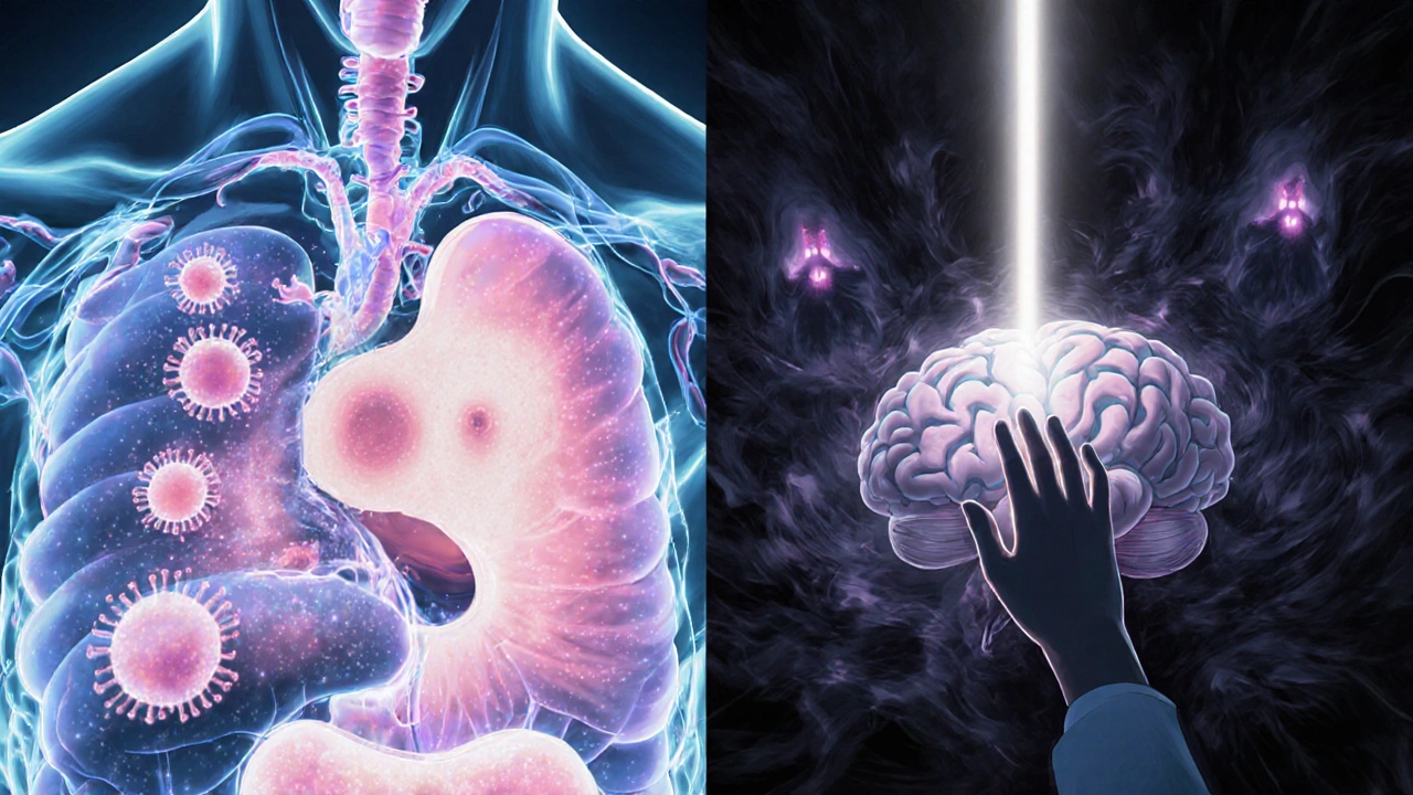 Internal body glowing with stable drug levels versus mind filled with doubt and shadowy fears.