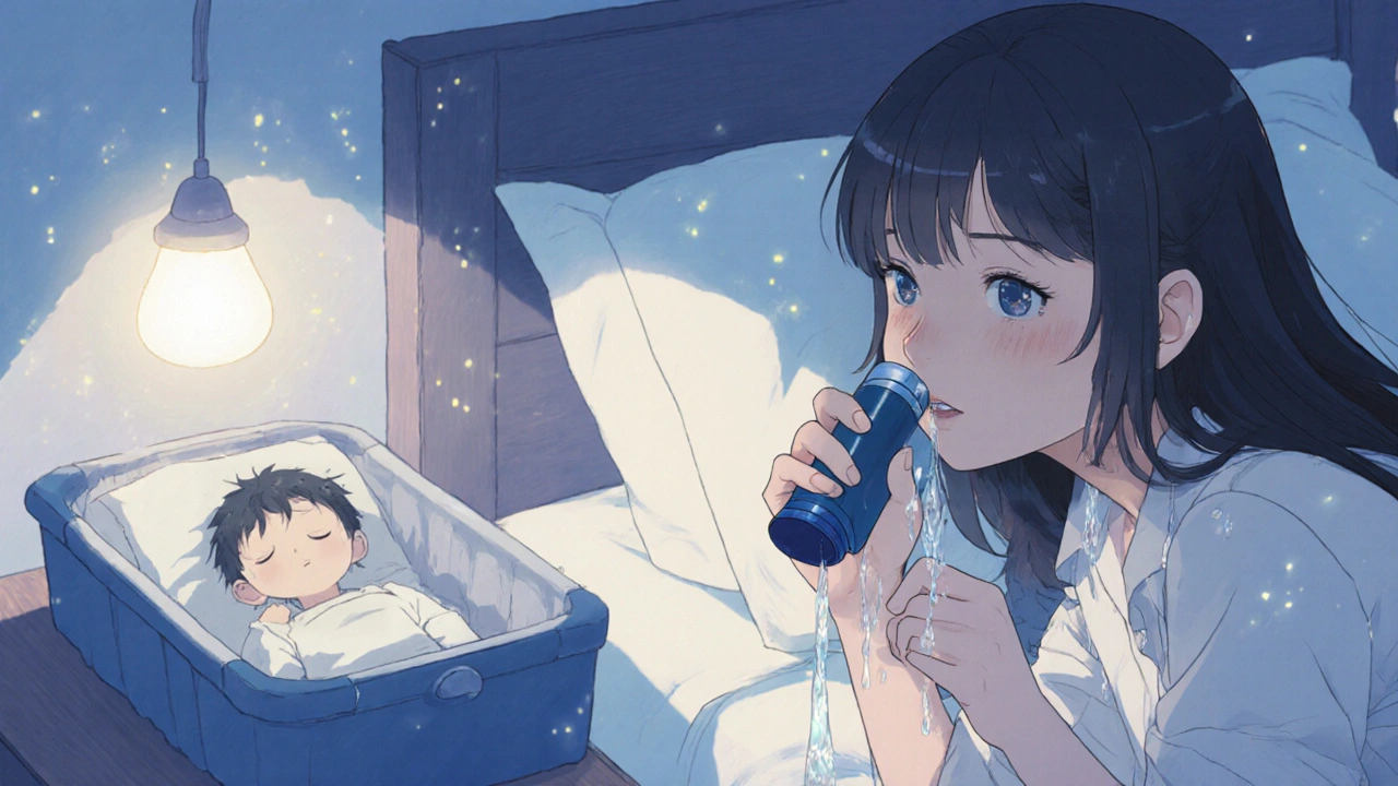 Mother rinsing her mouth after using an inhaler, baby asleep nearby in a quiet nighttime setting.