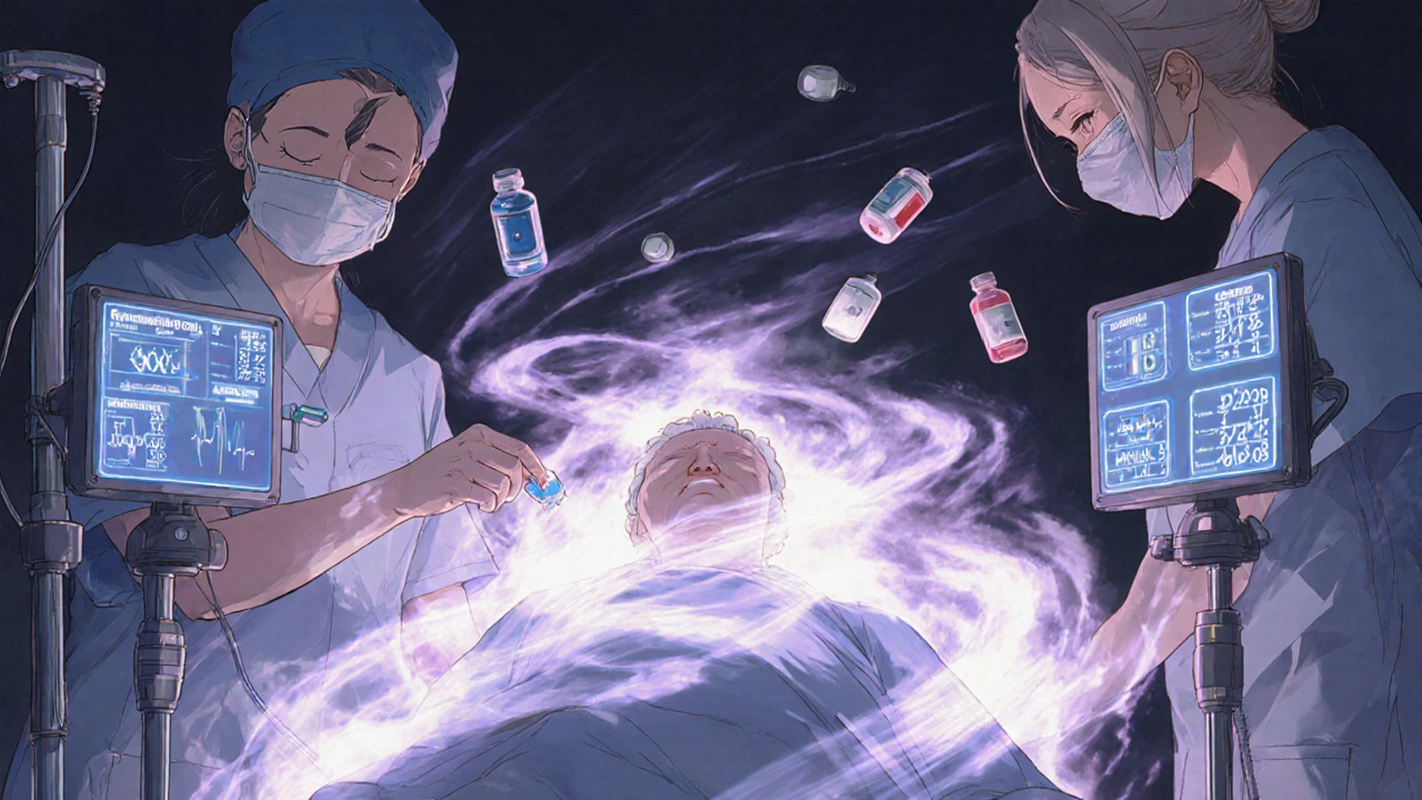 Patient undergoing desensitization with IV penicillin, nurses monitoring glowing vital signs.