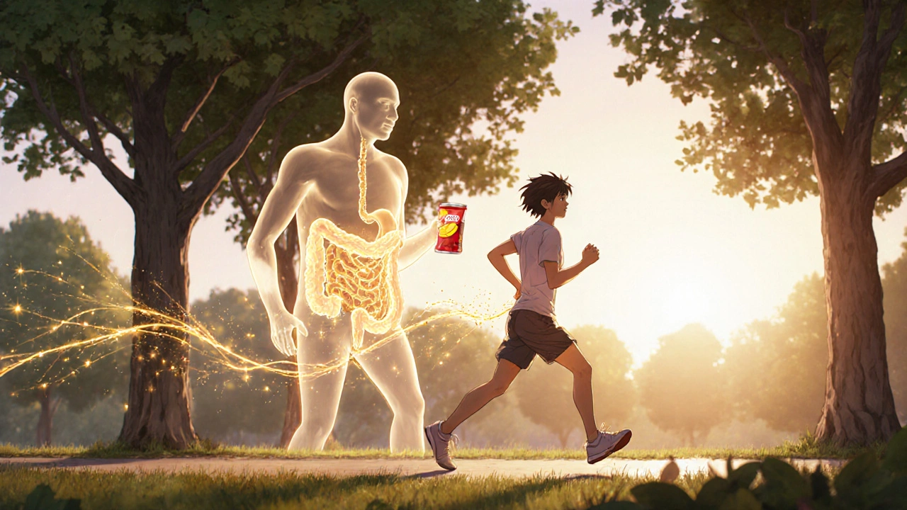 Person jogging at sunrise with golden energy trail tracing a healthy colon, leaving behind a fading unhealthy past self.