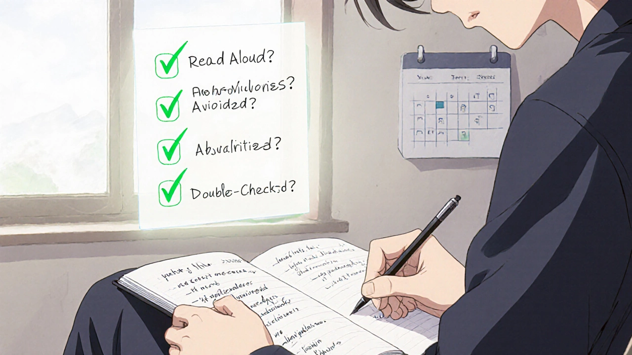 Person writing medication details in a notebook with a glowing safety checklist above.