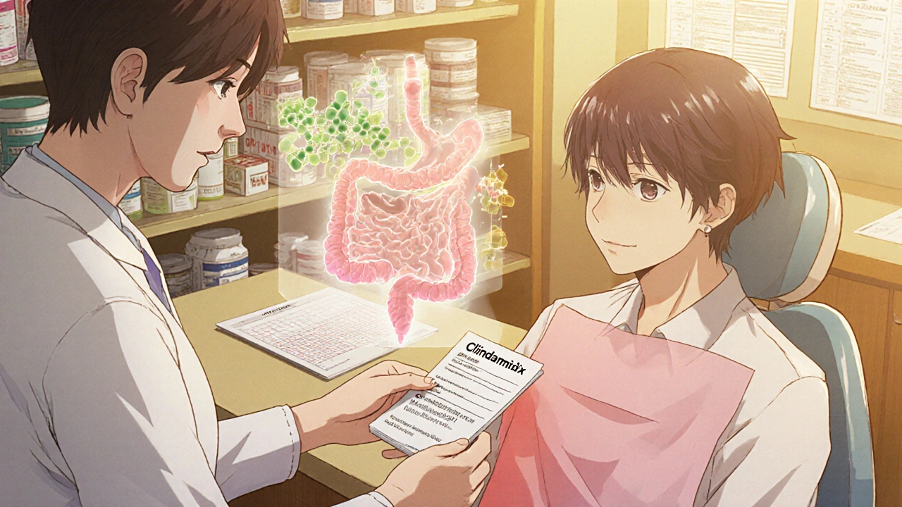 Pharmacist giving clindamycin prescription to patient in dental chair, safe gut bacteria glowing softly.