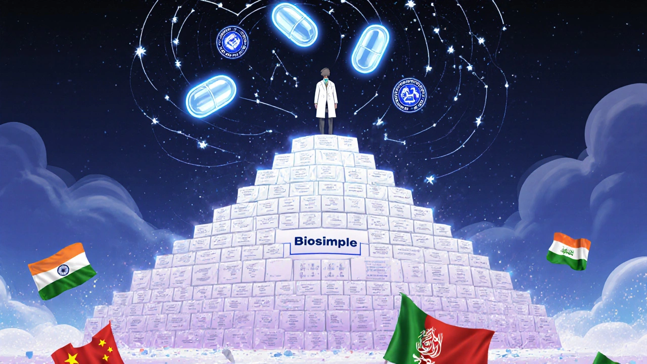 Pyramid of generic drugs being overtaken by glowing biosimilars and personalized medicine, with regulatory icons swirling above.