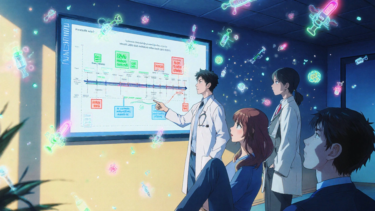 Specialist explaining vaccination timing on a digital timeline with glowing B-cells and treatment cycles.