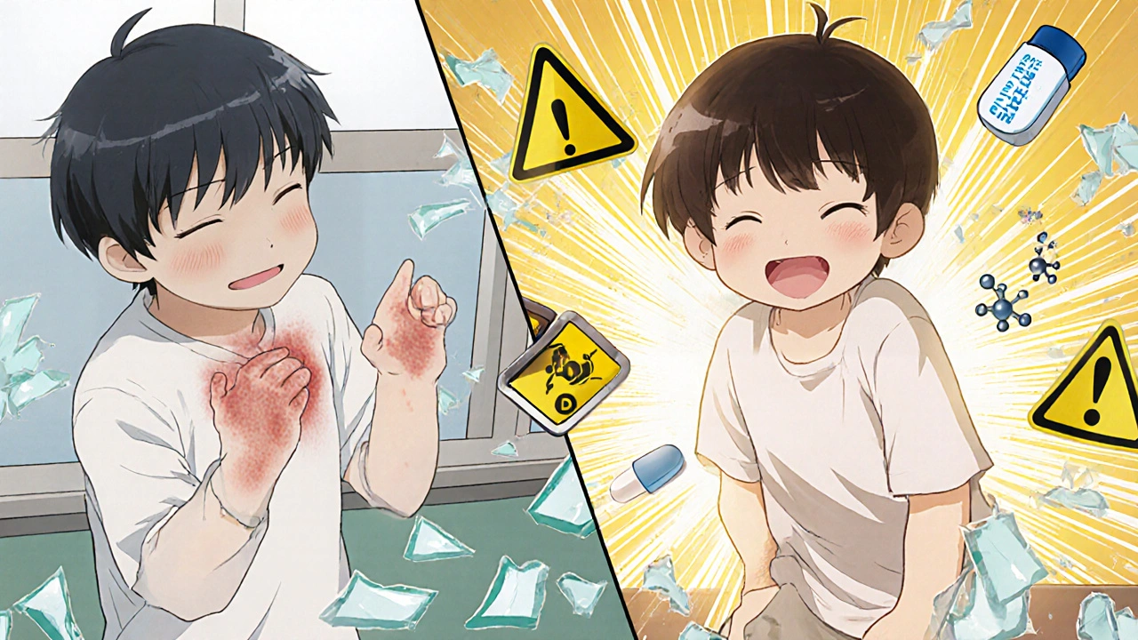 Split image: child misdiagnosed with penicillin allergy vs. same child safely taking the drug later.