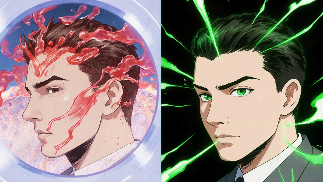 Split image showing hair follicles shrinking from DHT on one side and regrowing with treatment on the other.