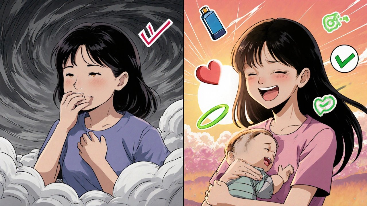 Split-panel illustration showing a mother&#039;s journey from asthma distress to peaceful breastfeeding.