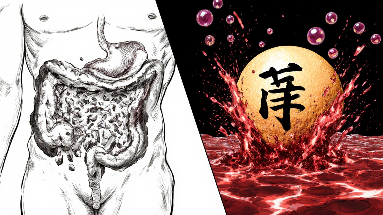 Split-panel illustration showing healthy vs. disrupted enzyme activity in the gut due to grapefruit juice.