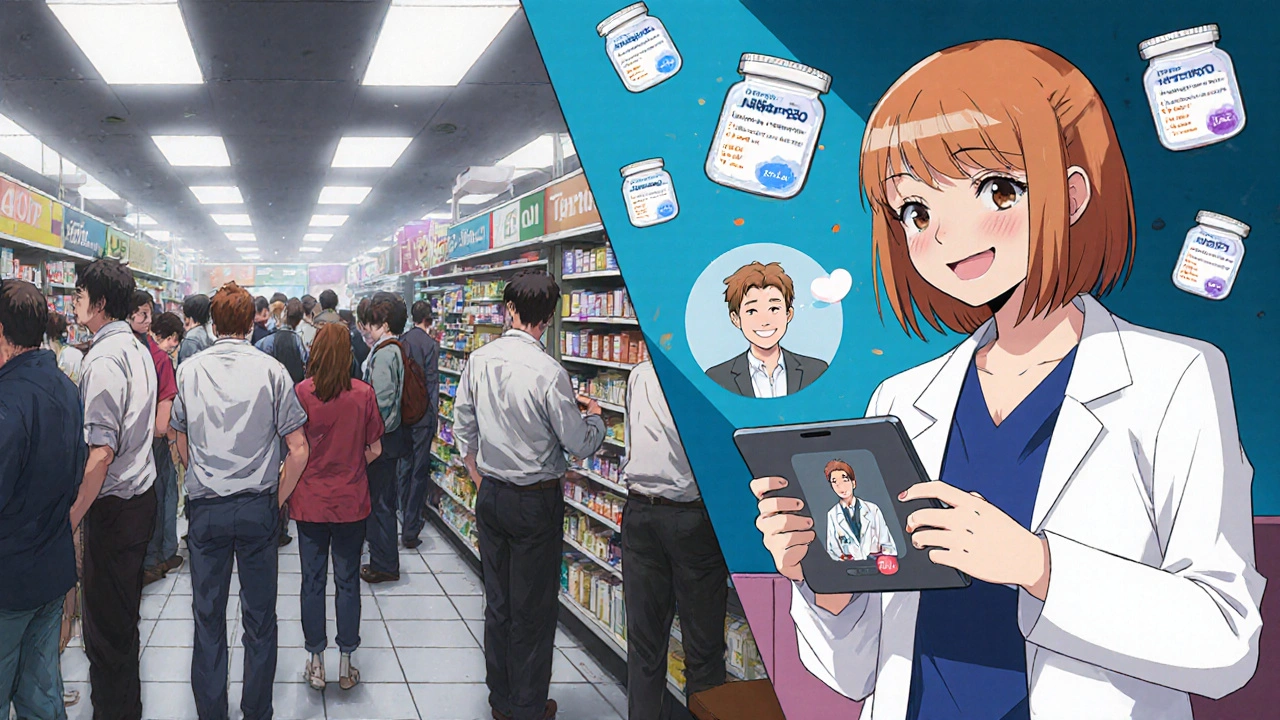 Split scene: chaotic pharmacy vs. calm telehealth consultation for medication.