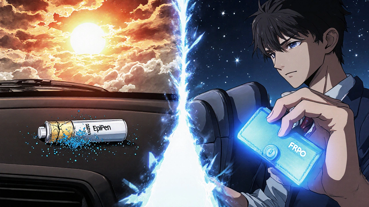 Split scene: degraded EpiPen on hot dashboard vs. safe one in cooler, symbolizing critical choices.