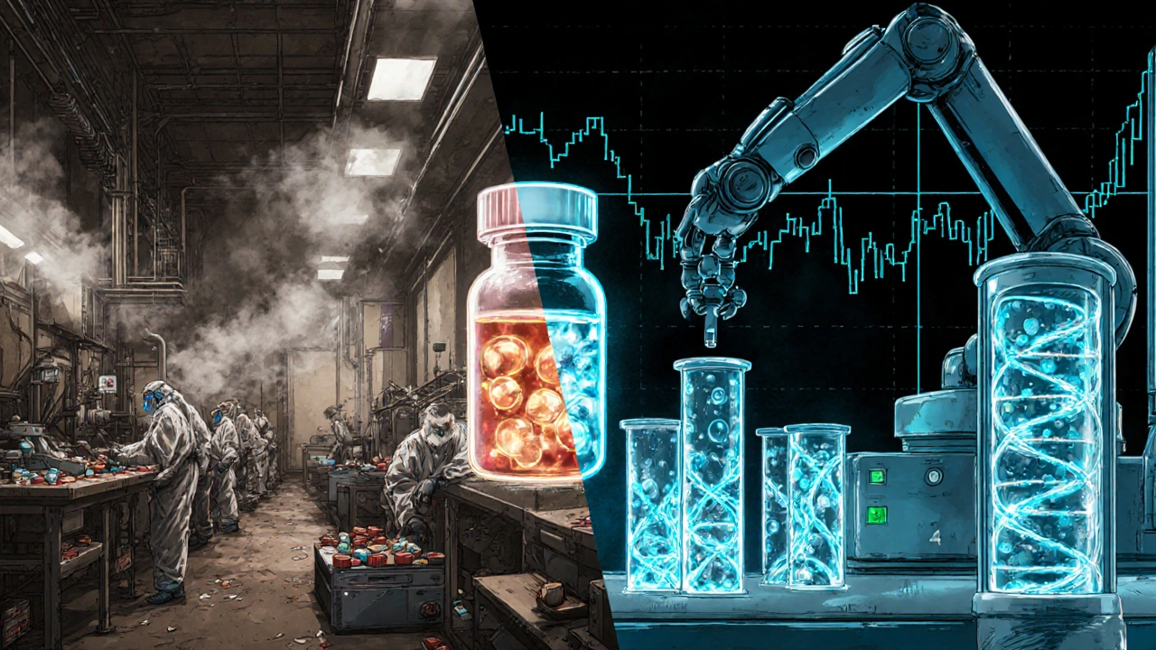 Split scene: gritty Indian pill factory on one side, high-tech biosimilar lab on the other, with a hybrid vial hovering between them.