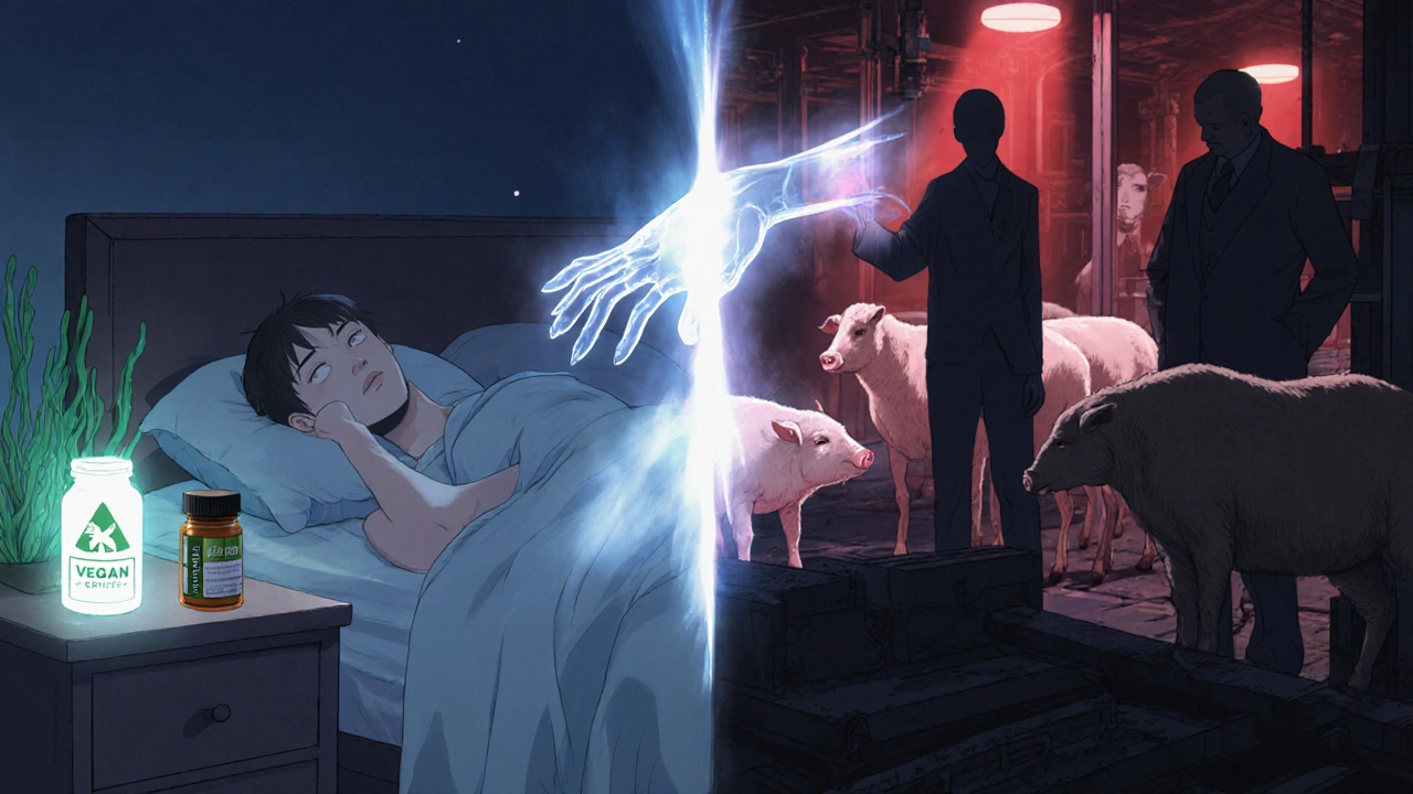 Split scene: peaceful vegan lifestyle vs. industrial animal processing, symbolizing medication choices.