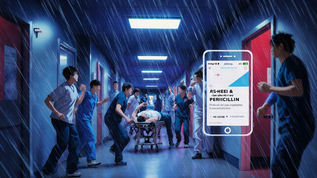 Traveler being helped in a hospital emergency with a health app displaying critical alerts.