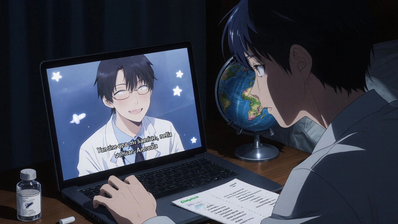 Traveler on a video call with a doctor via a health app in a hotel room at night.