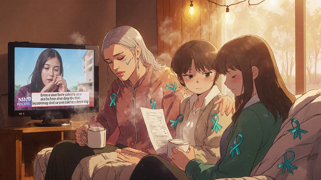 Women comforting each other in a living room, sharing stories about ovarian cancer.