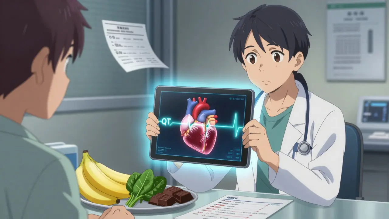 A doctor and patient reviewing a heart model showing prolonged QT interval, with healthy foods and blood test results nearby.