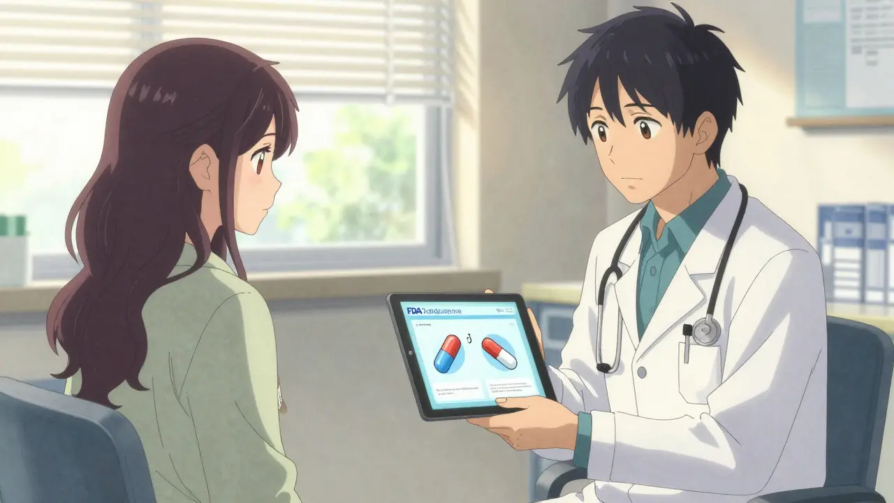 A doctor shows a patient FDA data on a tablet, helping them understand generic medications.