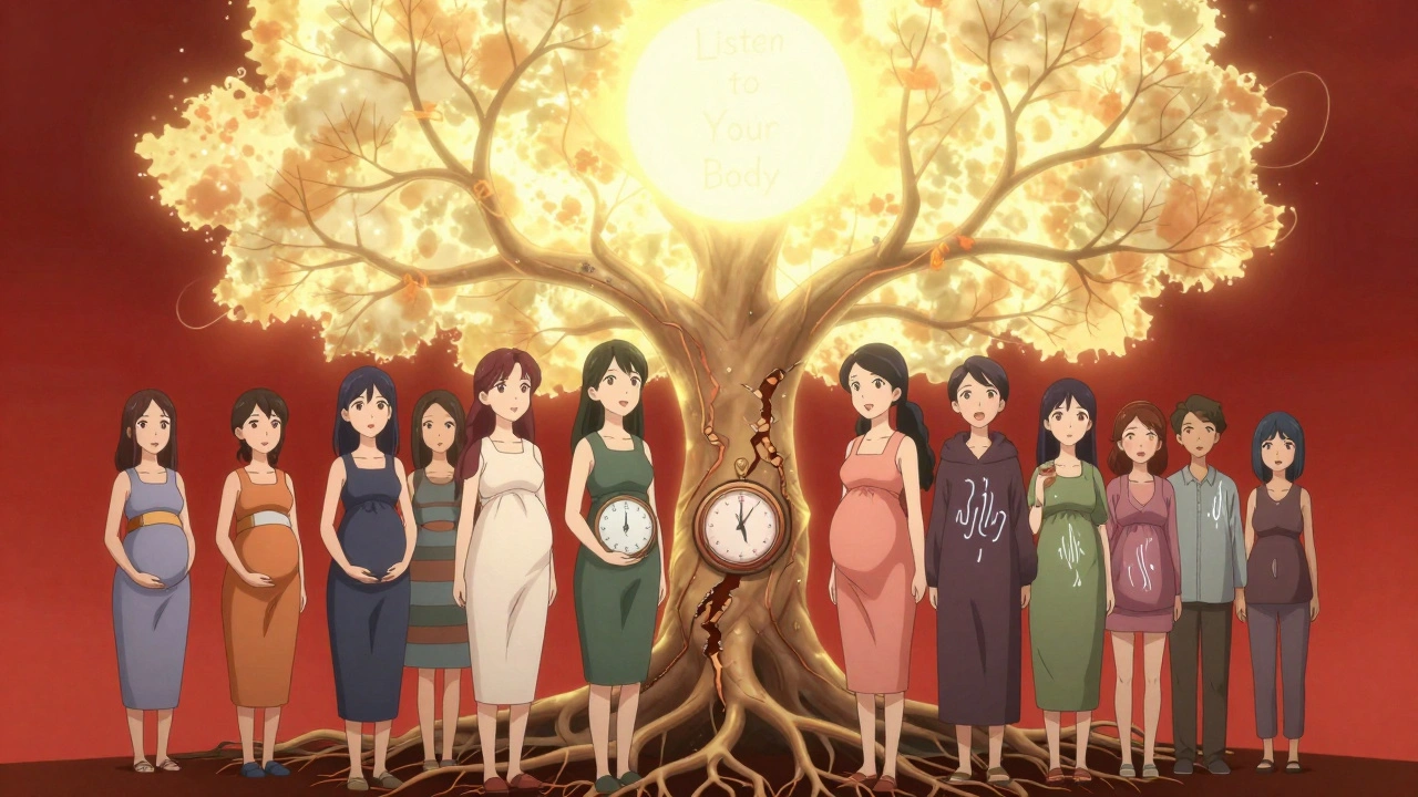 A group of women under a tree with heart-related symbols, roots forming arteries, sunrise behind them symbolizing hope and awareness.