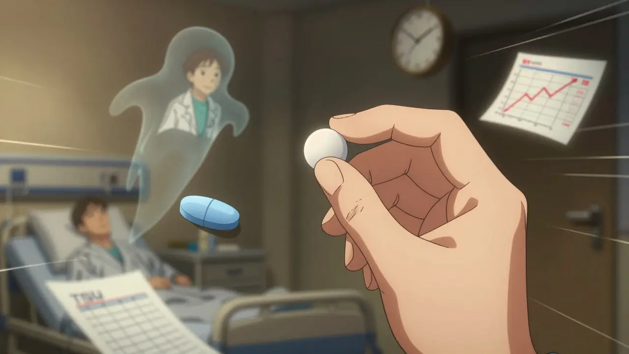 A hand holding two different pills, surrounded by emotional memories of health and doubt.