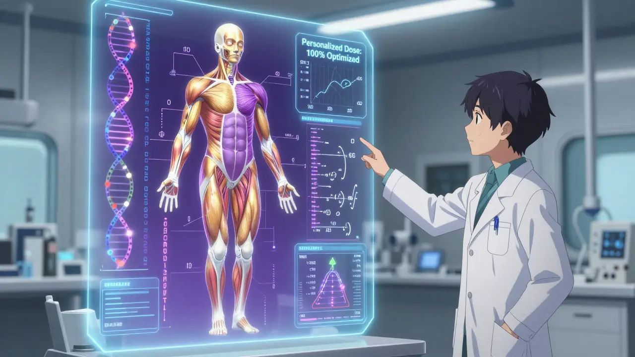 A holographic body scan displaying muscle and fat composition with personalized drug dosage data floating in a high-tech lab.