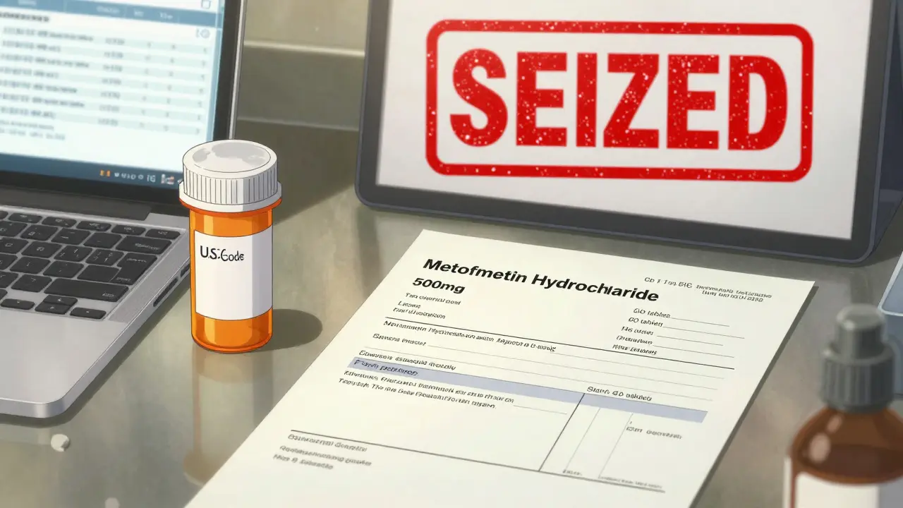 A kitchen counter with prescription details, doctor's letter, and HS code document under morning light.