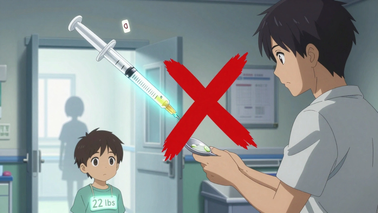 A kitchen spoon crossed out by a red X as a dosing syringe releases precise mL markers in the air.