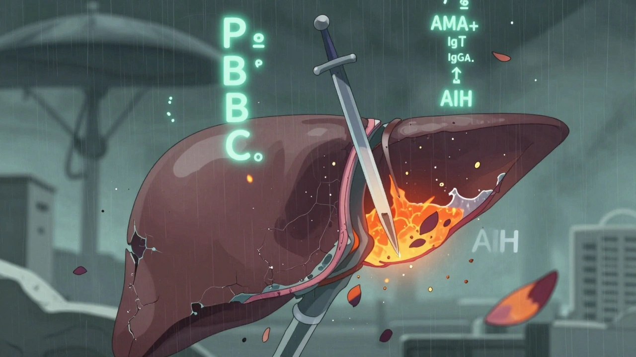 A liver biopsy slide showing PBC bile duct damage beside AIH lymphocytic infiltration, with diagnostic markers floating nearby.