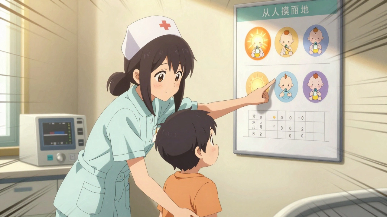 A nurse and mother discussing medicine timing using visual pictograms of a baby and clock.
