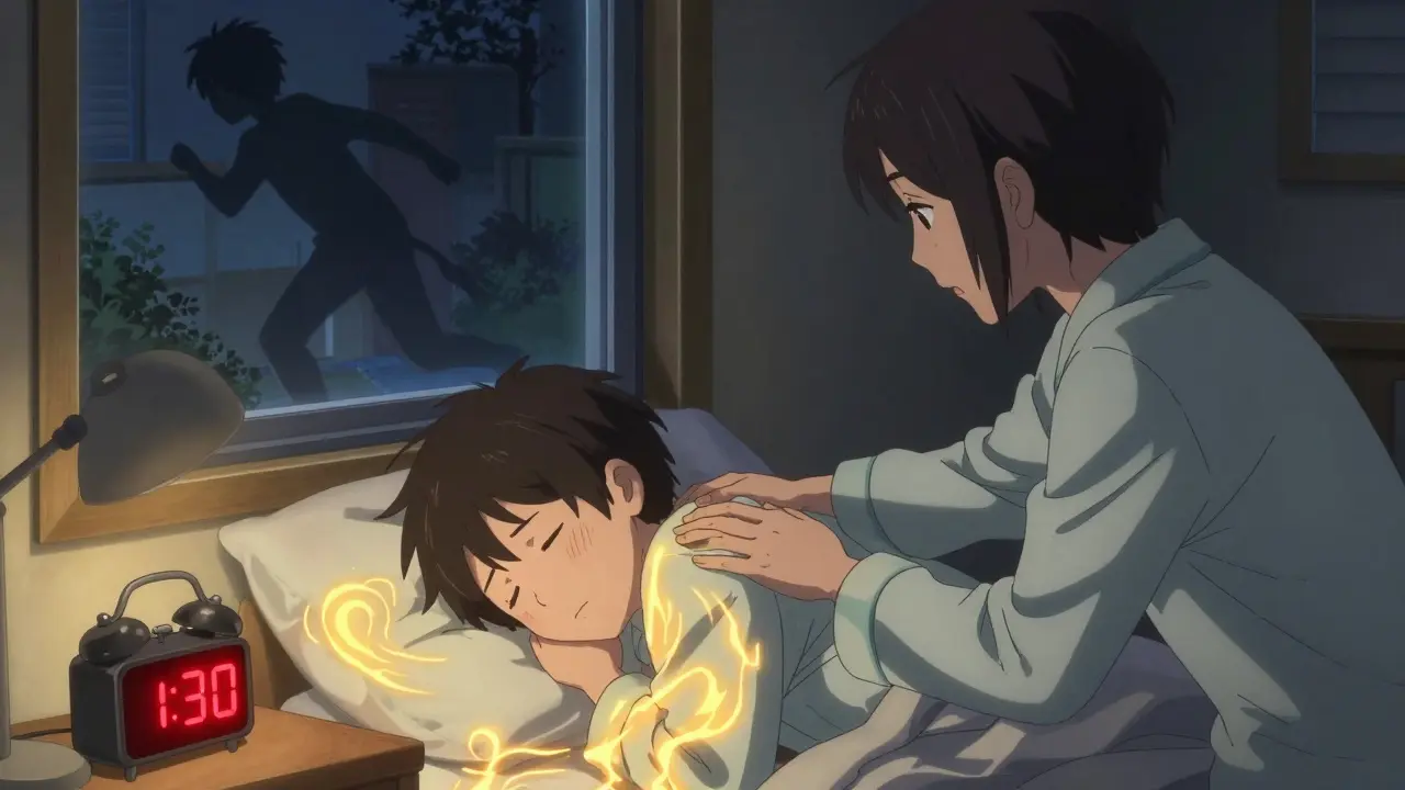 A parent gently wakes a teen at night, alarm clock reading 1:30 a.m., golden energy radiating as a shadowy duplicate walks in reverse.