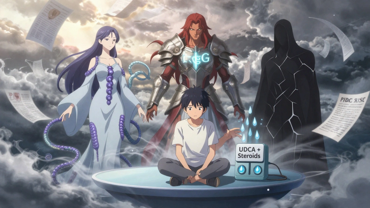 A patient reaching for dual-treatment keys as PBC, AIH, and PSC appear as spiritual figures in a surreal landscape.