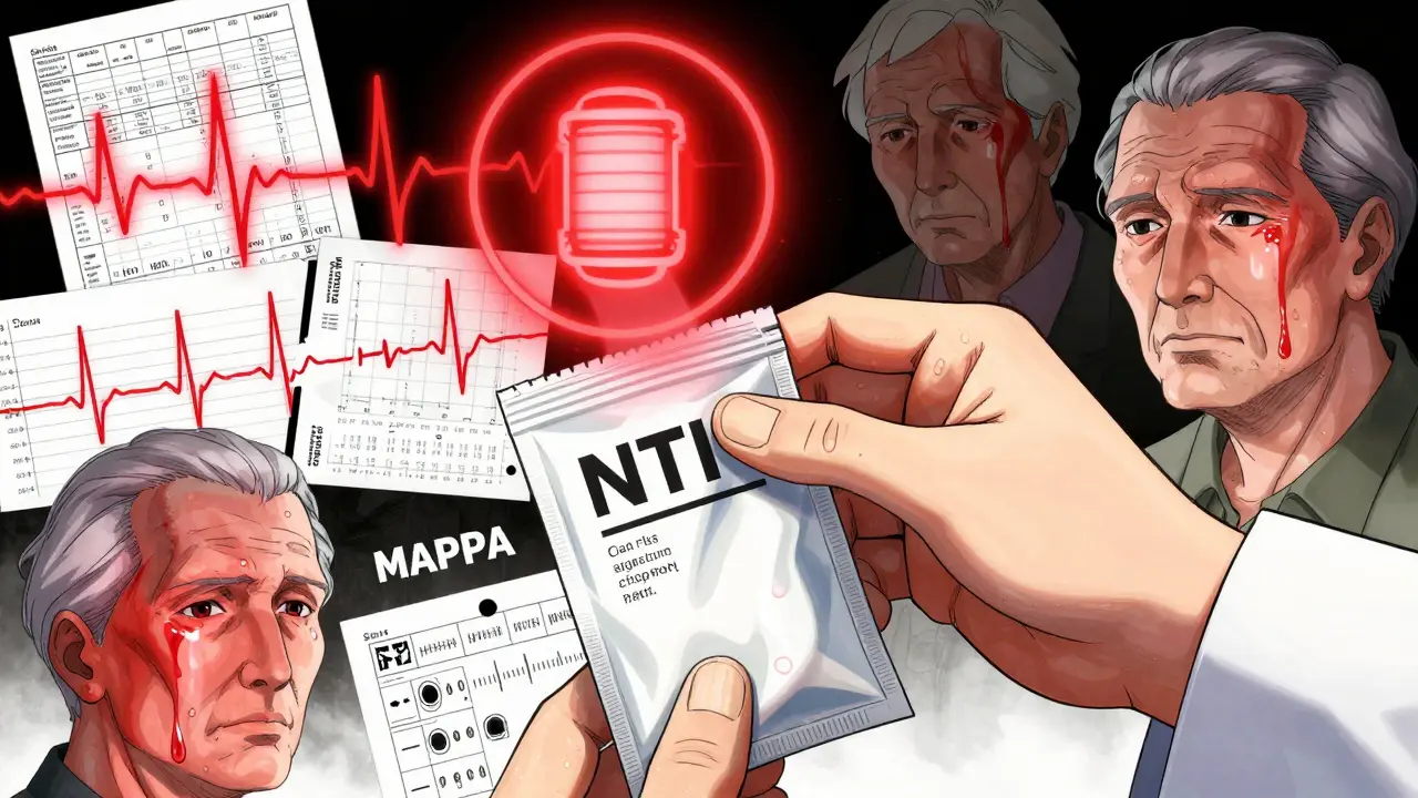 A pharmacist's hand places a generic NTI drug into a bag as a red alert pulses above it, surrounded by medical data and patient silhouettes.