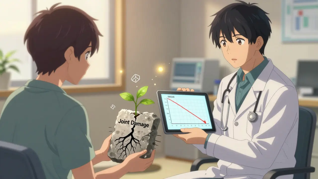 A rheumatologist and patient watch a declining DAS28 graph while a plant grows through damaged joint imagery.