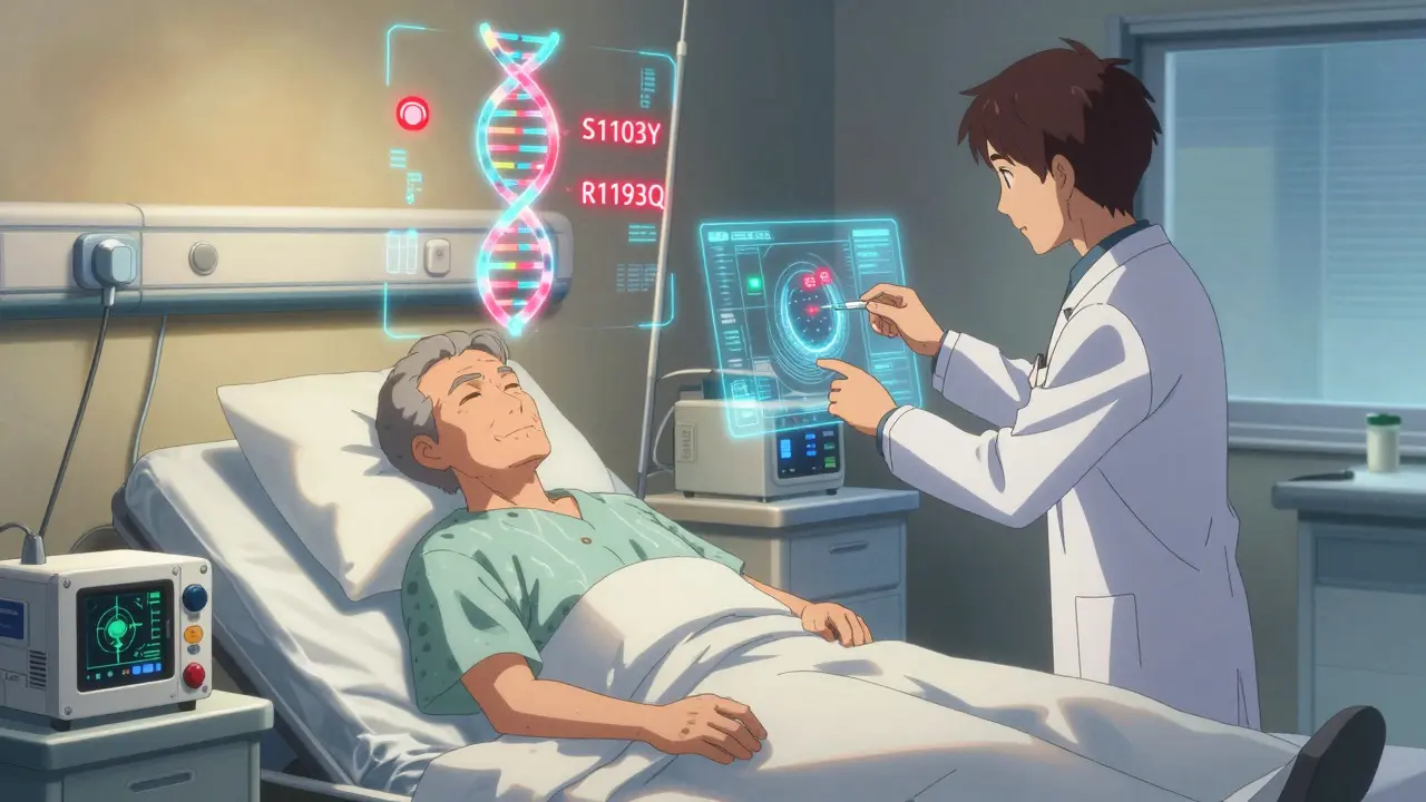 A senior patient undergoing genetic screening, with glowing DNA variants displayed above them in a futuristic hospital room.