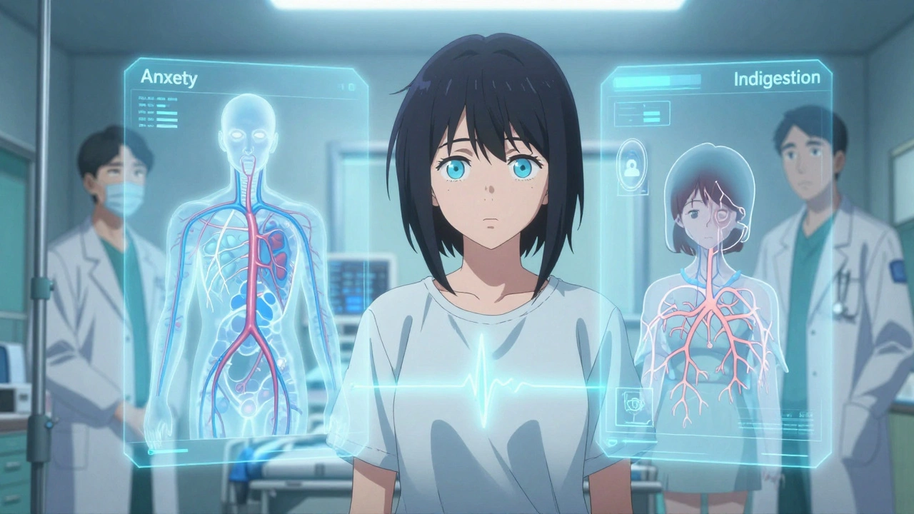 A woman in an ER with floating medical diagrams showing female-specific heart disease, doctors ignoring her as diagnostic labels float nearby.