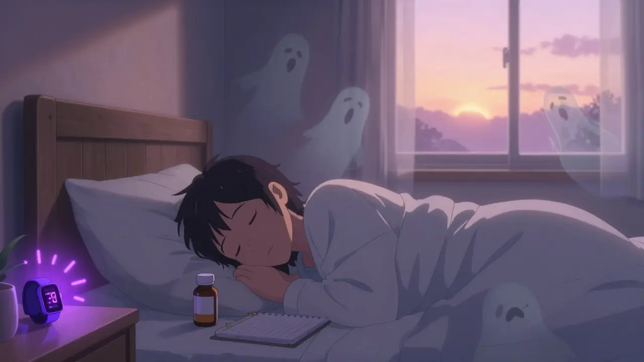 A young adult sleeps peacefully at dawn, melatonin bottle and sleep diary nearby, a smartwatch emits soft pulses as fading night terror ghosts dissolve in sunrise light.