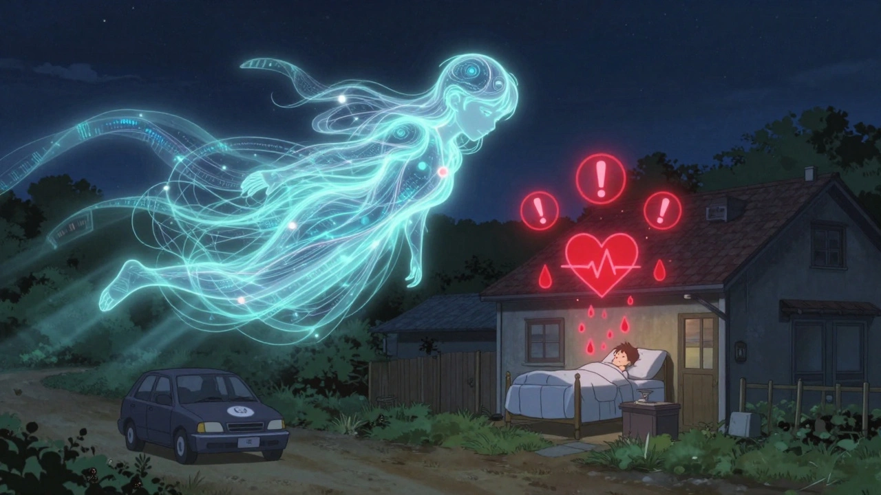 An AI health prediction spirit hovering over a farmhouse at night, warning of potential side effects.