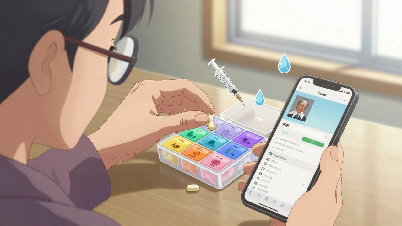 An older woman placing pills into a color-coded organizer with pictograms of sun and moon nearby.