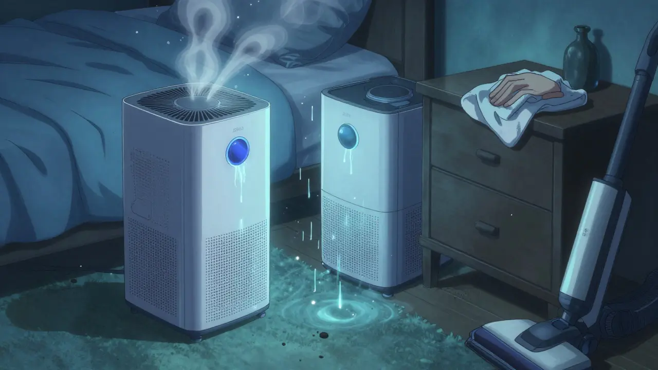 Compact dehumidifier reducing bedroom humidity, dust mites dissolving into mist.