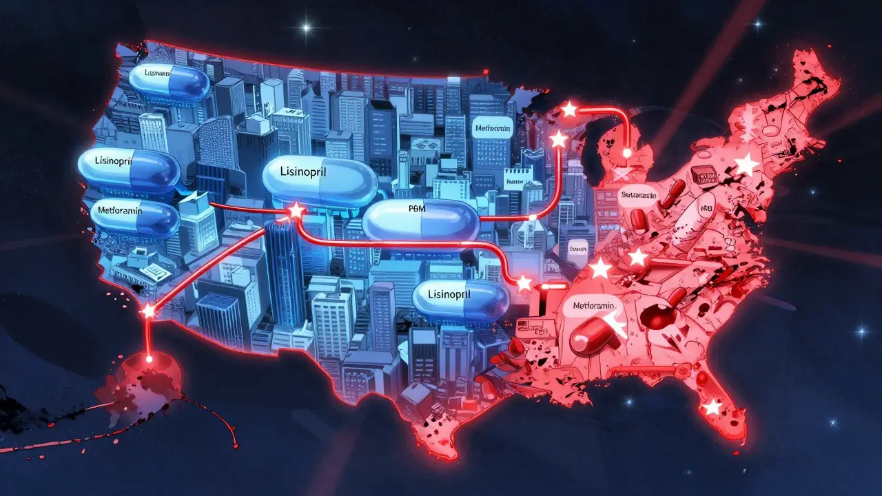 Digital map showing profit-draining PBM pipelines versus transparent generic drug contracts across the U.S.
