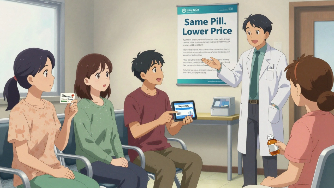 Diverse patients in clinic holding pill bottles, one showing FDA Authorized Generic Finder tool on a tablet.