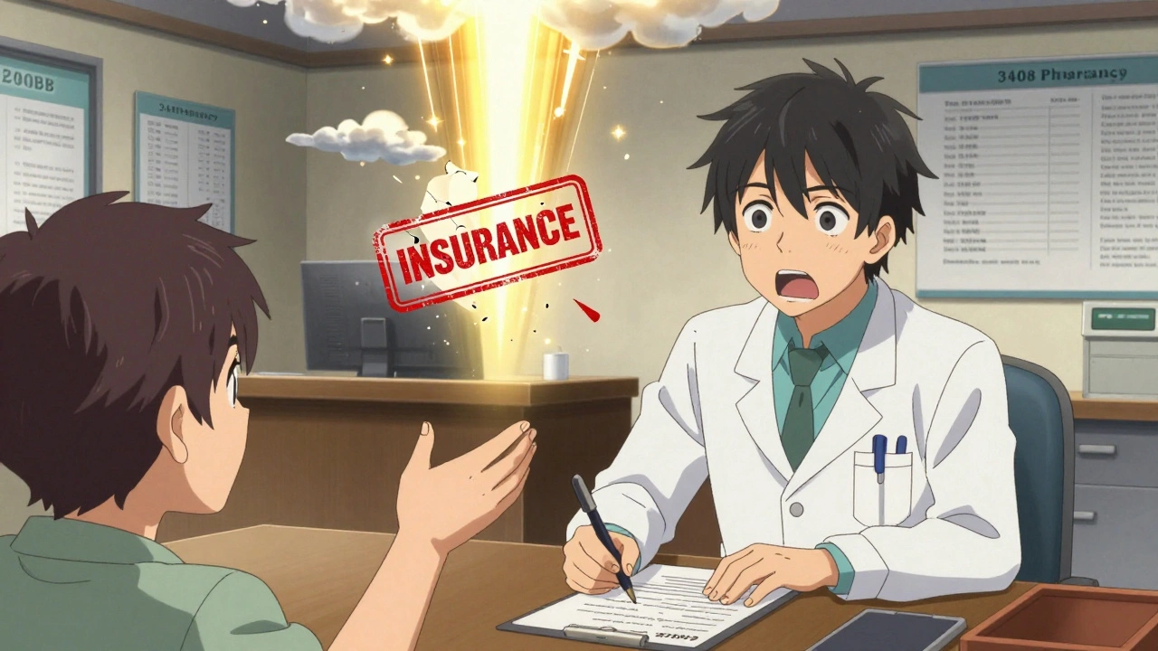 Doctor writing medical appeal letter as insurance denial shatters in golden light